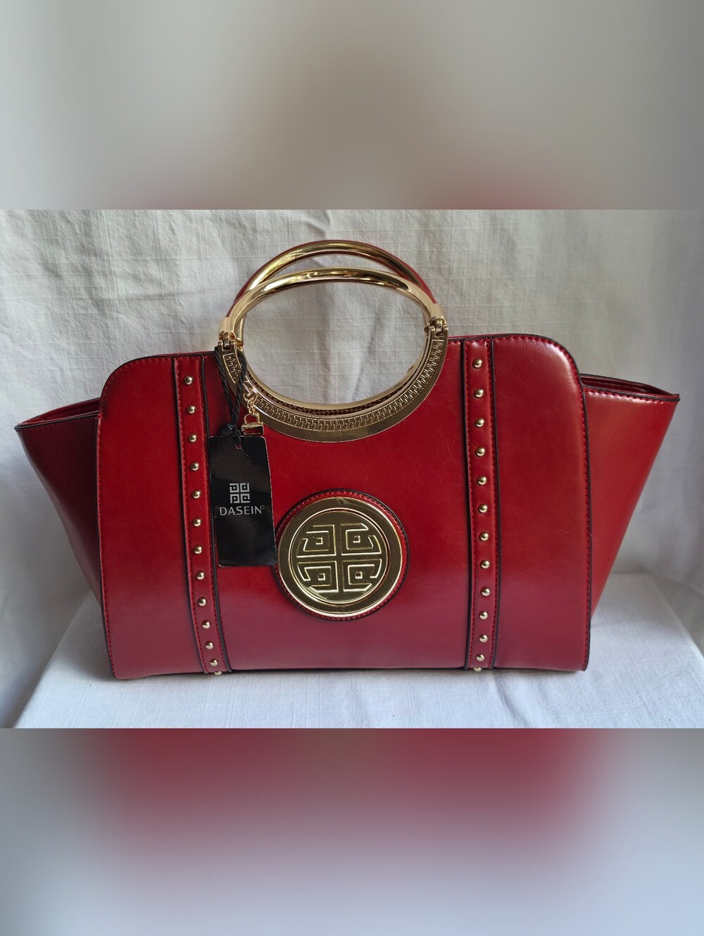 Dasein Red Gold Ring Handle Studded Satchel Handbag NWT